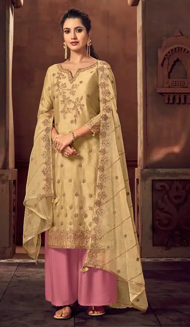 Golden Color Rass Silk Embroidery Designer Party Wear Palazzo Suit -753492883