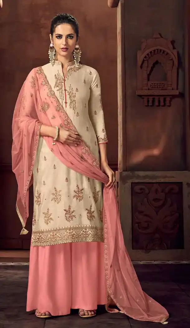 Off White Color Rass Silk Embroidery Designer Party Wear Palazzo Suit -753492885