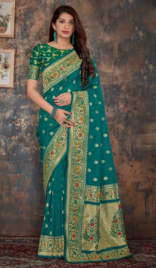 Chic Teal Blue Color Banarasi Silk Desiginer Party Wear Saree Blouse -755493204