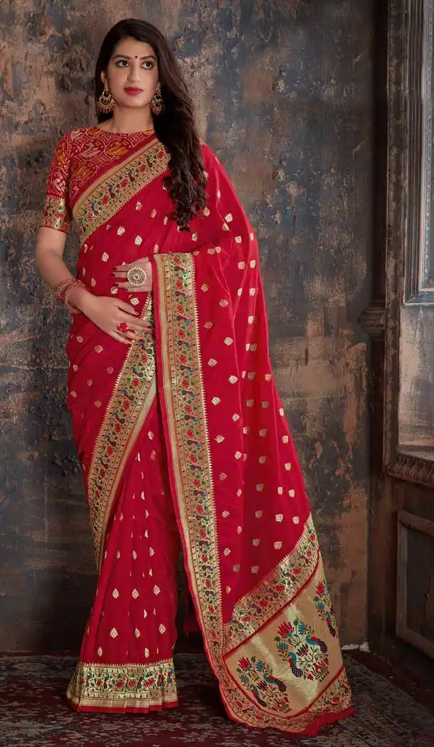Ethnic Red Color Banarasi Silk Desiginer Party Wear Saree Blouse -755493206