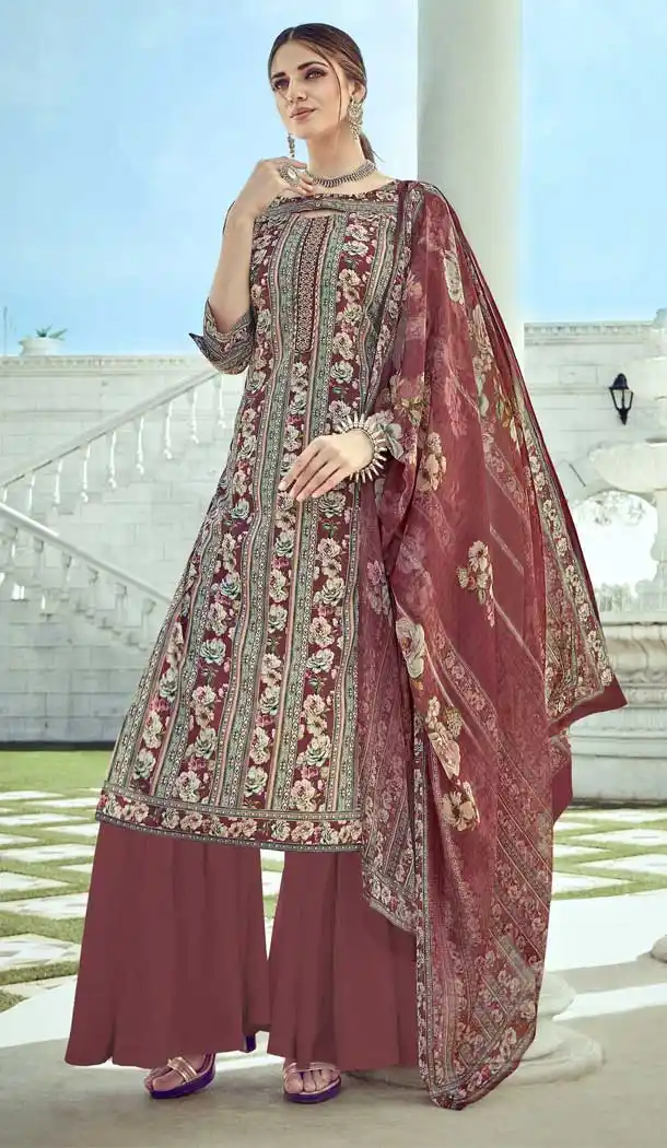 Maroon Color Pure Crepe Digital Print Pakistani Style Palazzo Suit -756193286