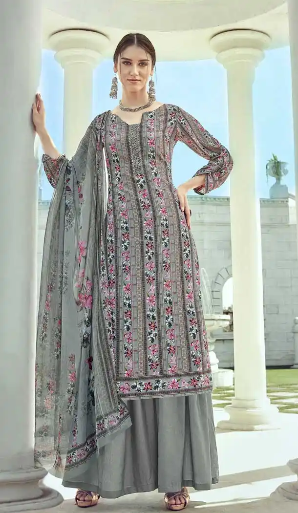 Grey Color Pure Crepe Digital Print Pakistani Style Palazzo Suit -756193287
