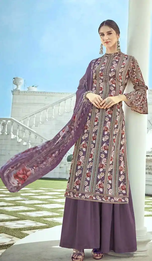 Purple Color Pure Crepe Digital Print Pakistani Style Palazzo Suit -756193289