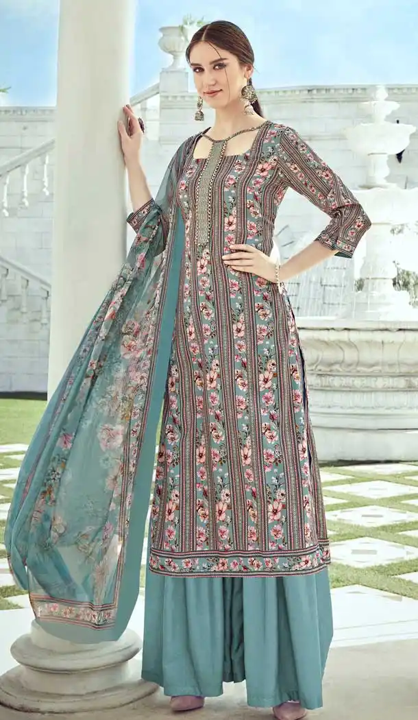 Teal Blue Color Pure Crepe Digital Print Pakistani Style Palazzo Suit -756193290