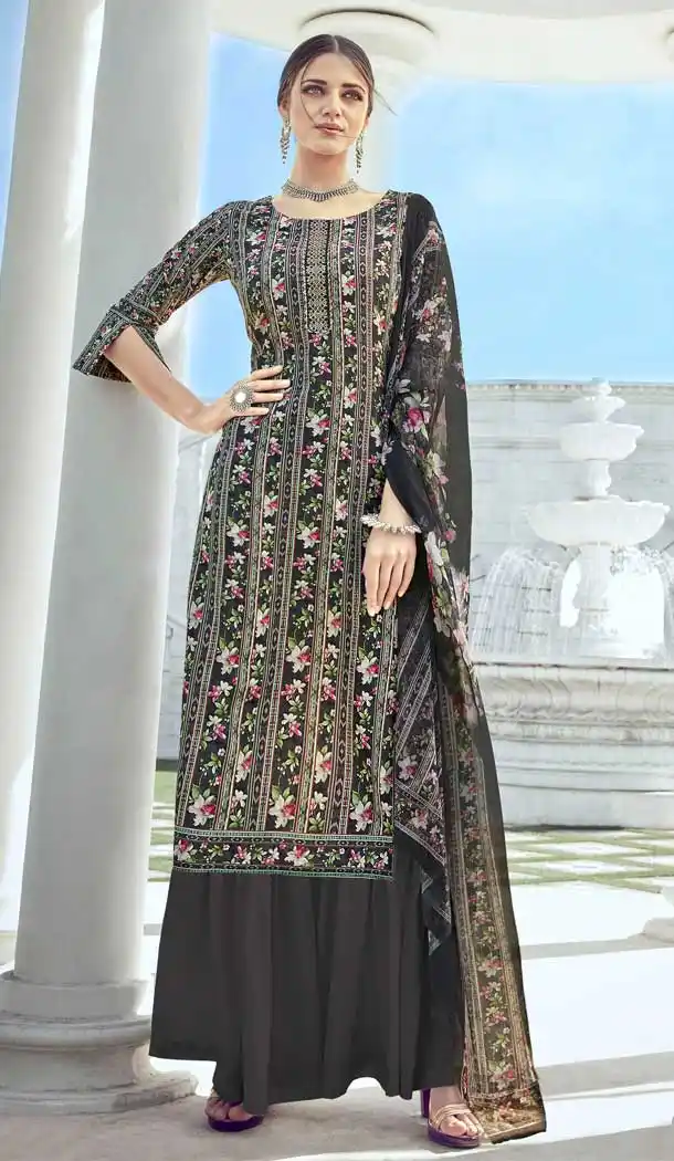 Black Color Pure Crepe Digital Print Pakistani Style Palazzo Suit -756193291