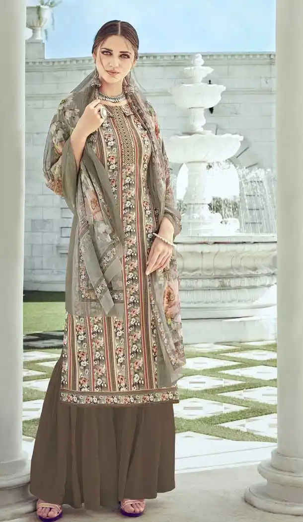 Dark Beige Color Pure Crepe Digital Print Pakistani Style Palazzo Suit -756193292