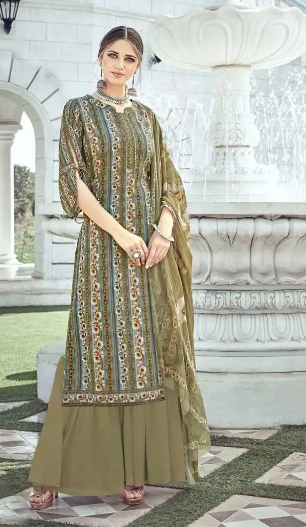 Mehendi Color Pure Crepe Digital Print Pakistani Style Palazzo Suit -756193293