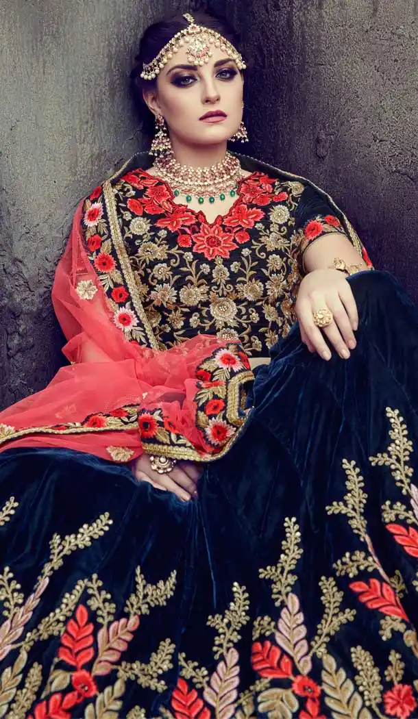 Navy Blue Color Georgette Heavy Designer Wedding Wear Lehenga Choli -757793527