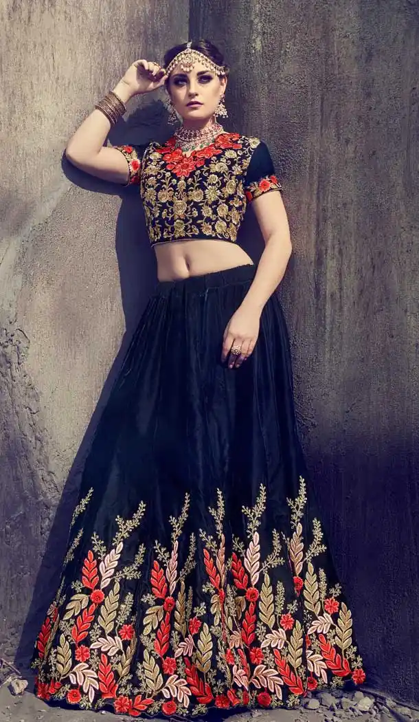 Navy Blue Color Georgette Heavy Designer Wedding Wear Lehenga Choli -757793527