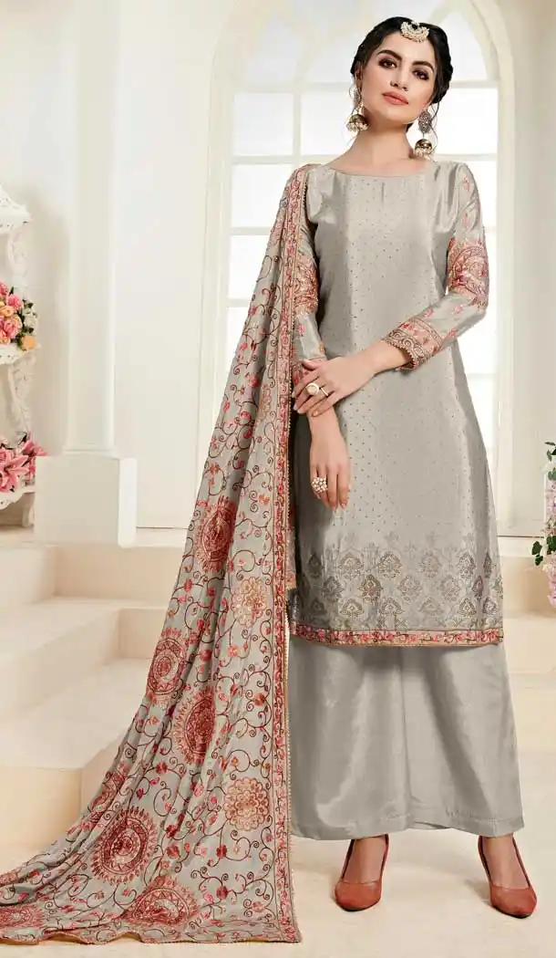 Grey Color Chinon Pakistani Style Plus Size Salwar Kameez -758093538