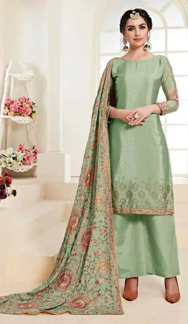 Green Color Chinon Pakistani Style Plus Size Salwar Kameez -758093540