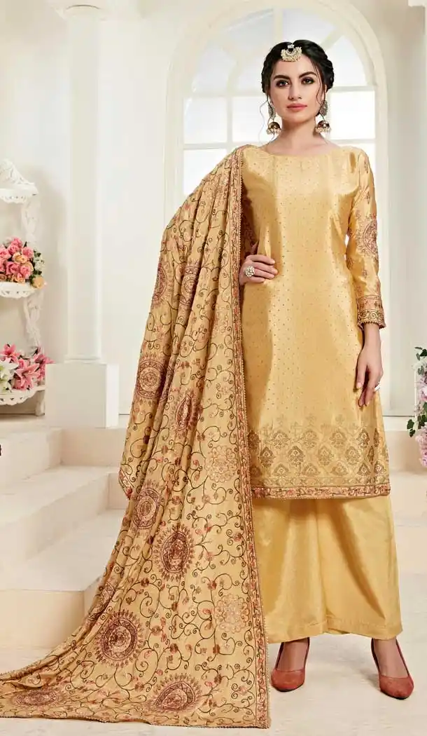 Gold Color Chinon Pakistani Style Plus Size Salwar Kameez -758093541