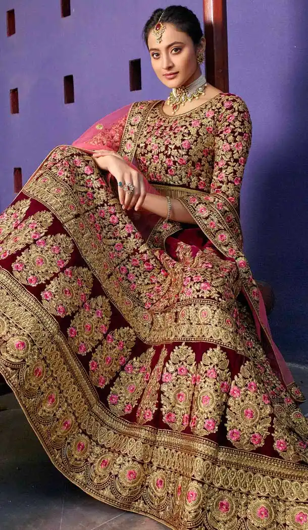 Majesty Maroon Color Velvet 9000 Designer Wedding Lehenga Choli -757993534