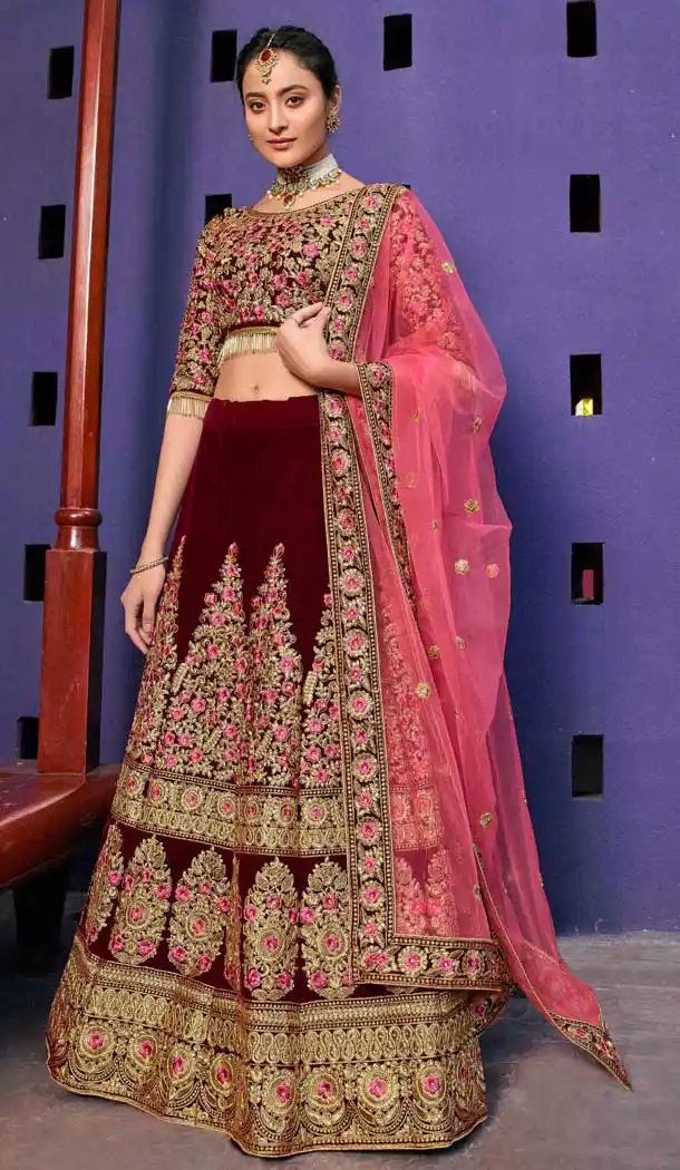 Majesty Maroon Color Velvet 9000 Designer Wedding Lehenga Choli -757993534