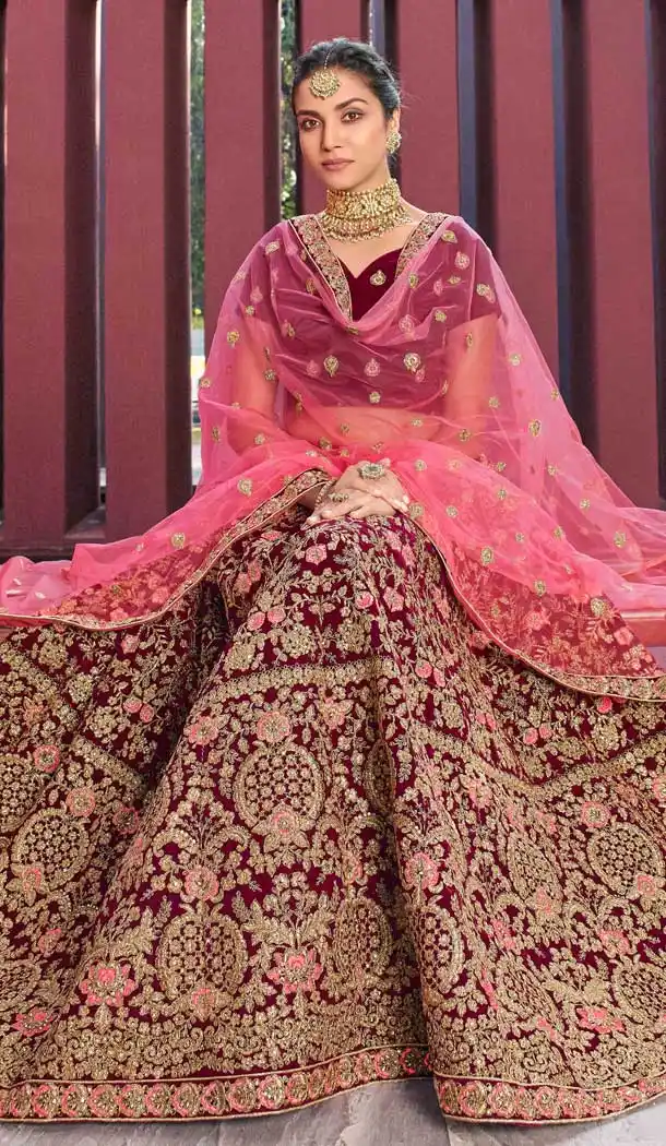 Dark Pink Color Velvet 9000 Designer Wedding Lehenga Choli -757993535