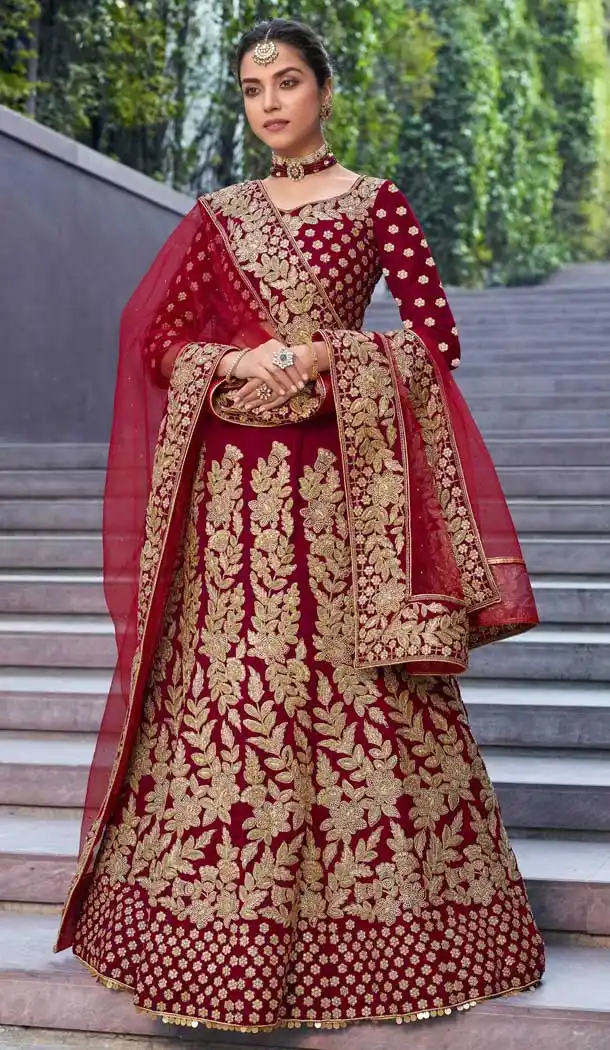 Charming Maroon Color Velvet 9000 Designer Wedding Lehenga Choli -757993536