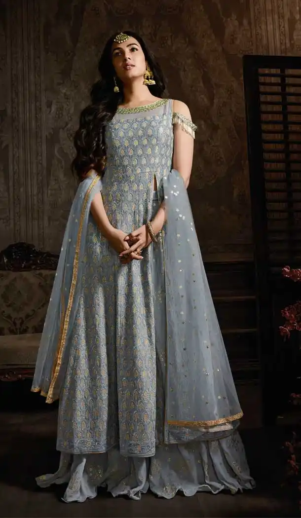 Grey Color Georgette Pakistani Style Designer Palazzo Salwar Kameez -758193542