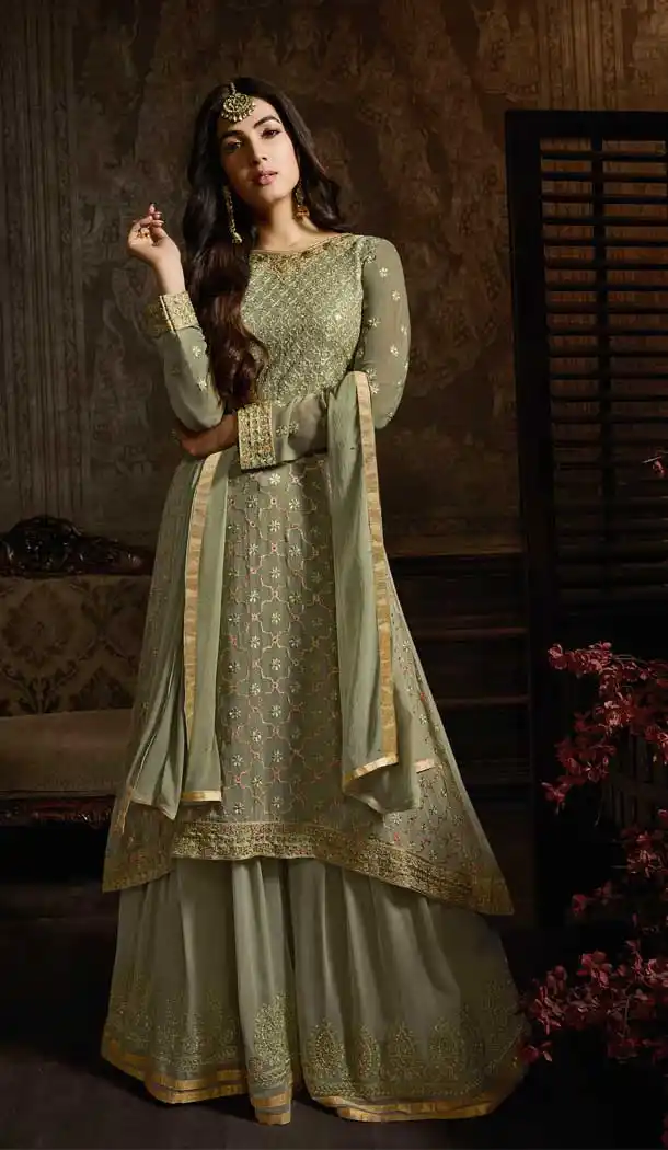 Olive Green Color Georgette Pakistani Style Designer Palazzo Salwar Kameez -758193543