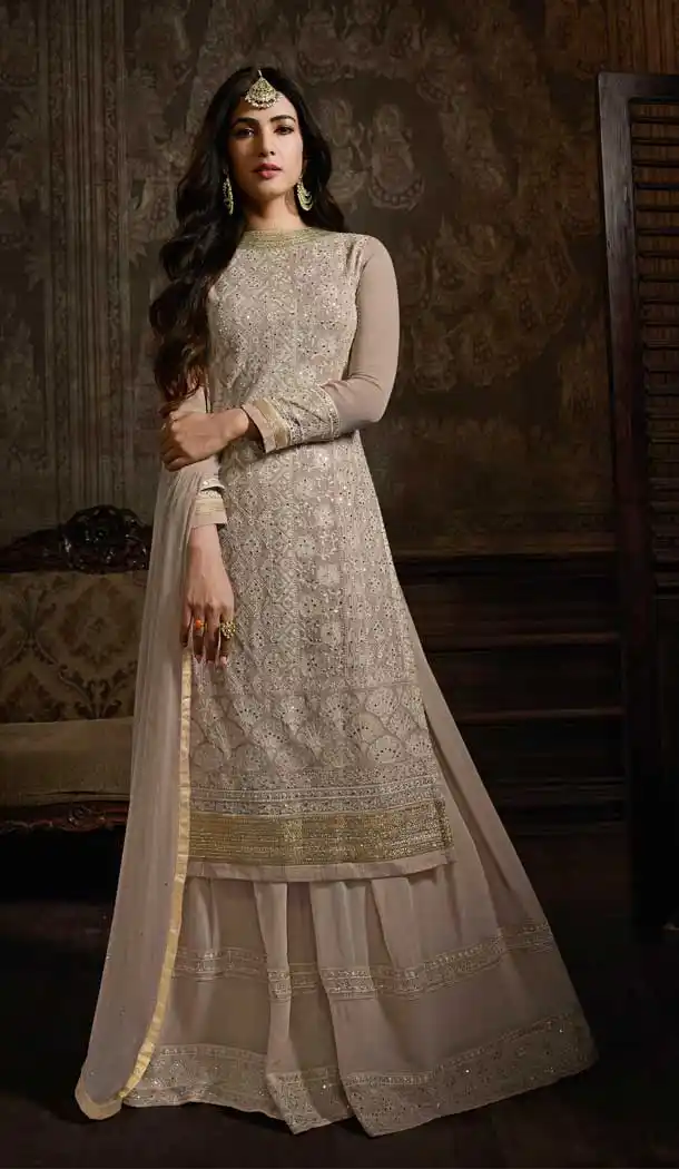 Beige Color Georgette Pakistani Style Designer Palazzo Salwar Kameez -758193544