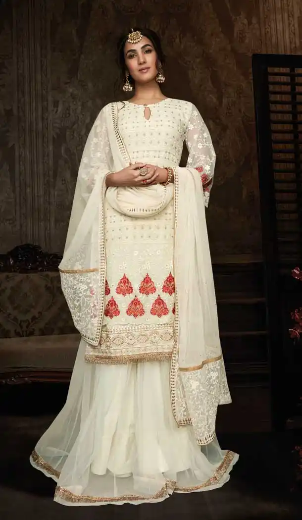 Off White Color Georgette Pakistani Style Designer Palazzo Salwar Kameez -758193545