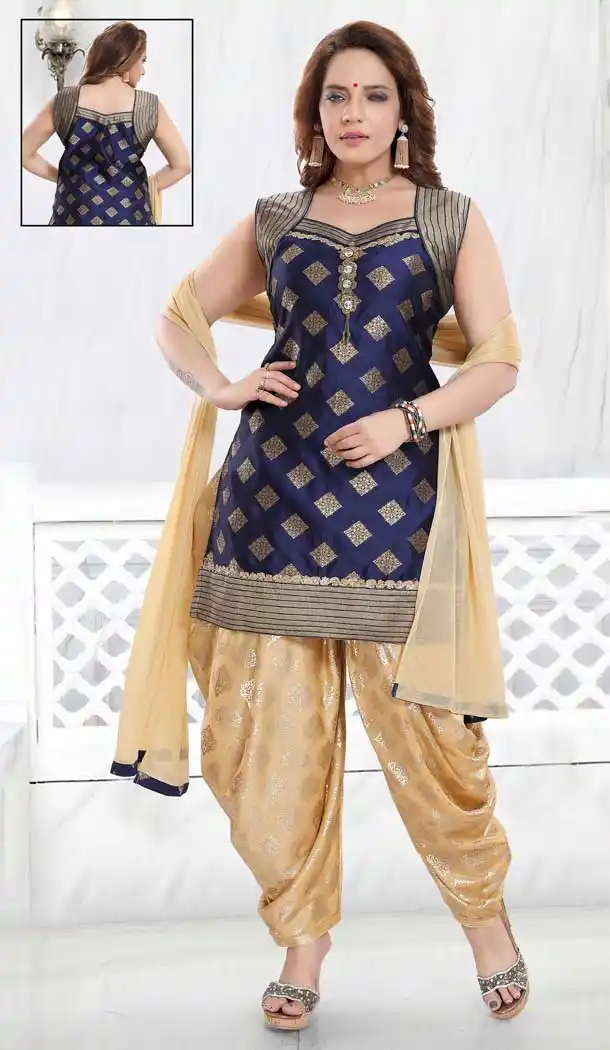 Navy Blue Color Brocade Silk Designer Readymade Punjabi Suit -762793889