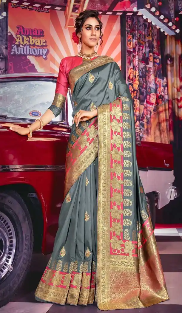Adorable Grey Color Jacquard Silk Desiginer Traditional Party Wear Saree -759093634