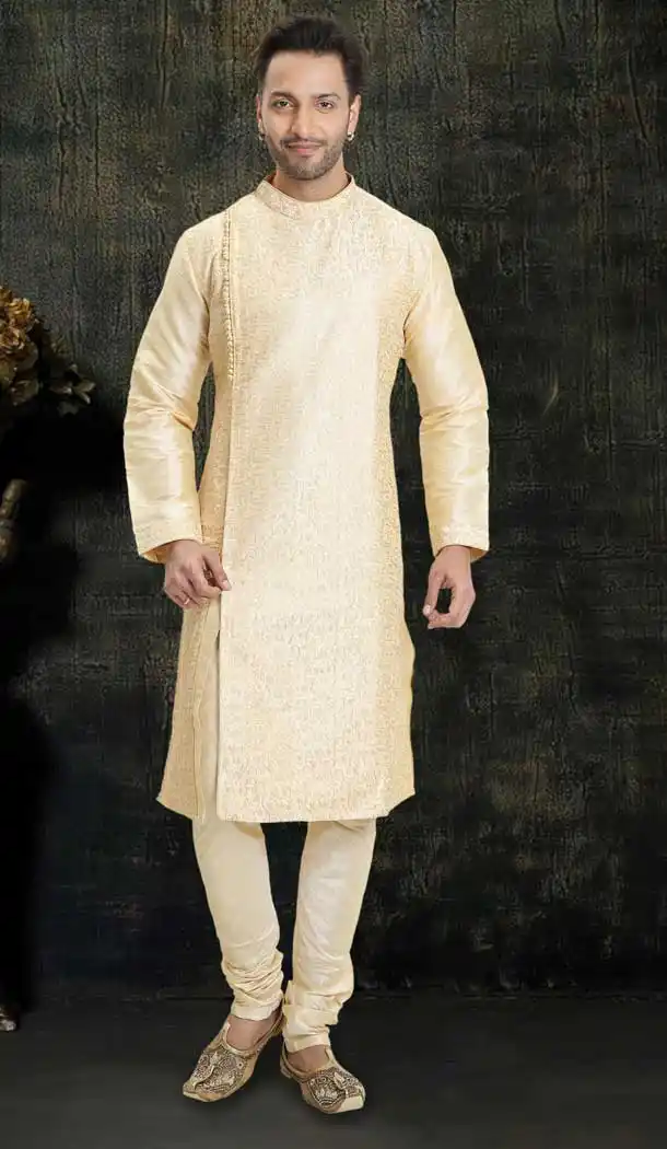 Cream Color Dupion Silk Readymade Designer Men Kurta Pajama -755993240
