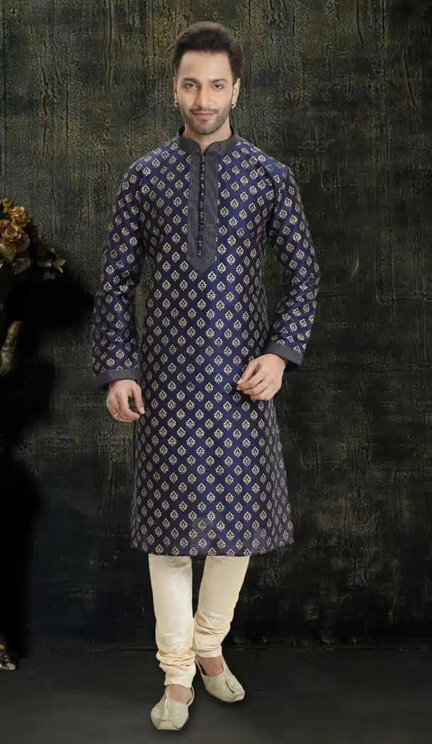 Fascinating Navy Blue Color Dupion Silk Readymade Designer Men Kurta Pajama -755993241