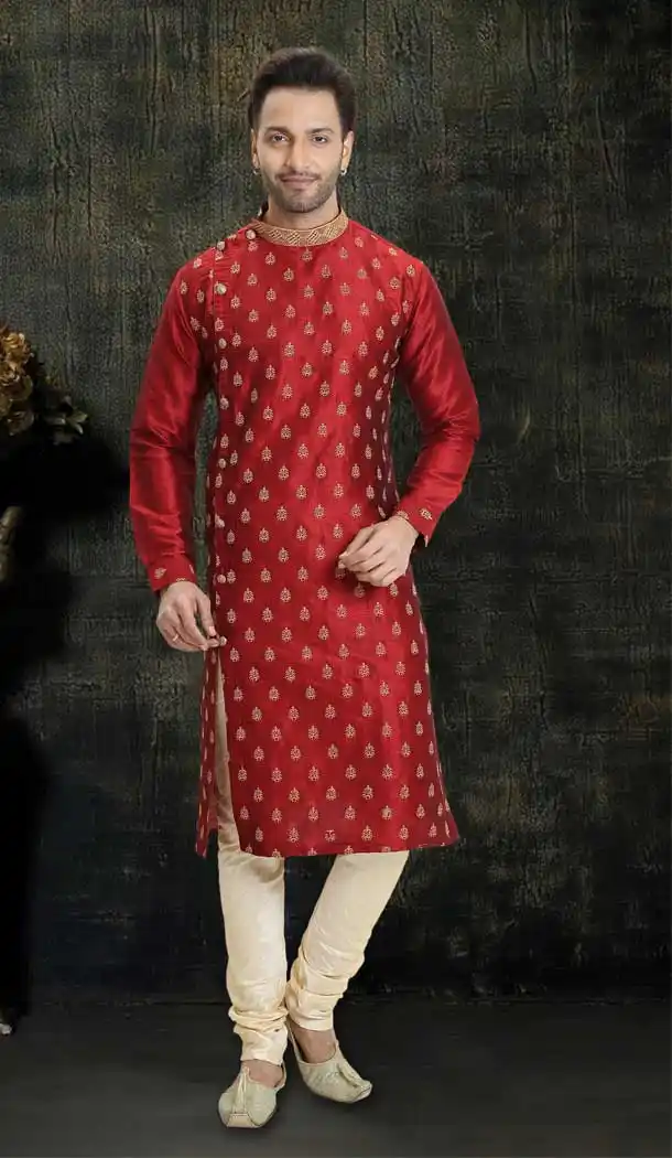 Alluring Red Color Dupion Silk Readymade Designer Men Kurta Pajama -755993245