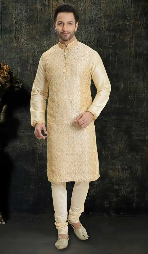 Exquisite Gold Color Dupion Silk Readymade Designer Men Kurta Pajama -755993246