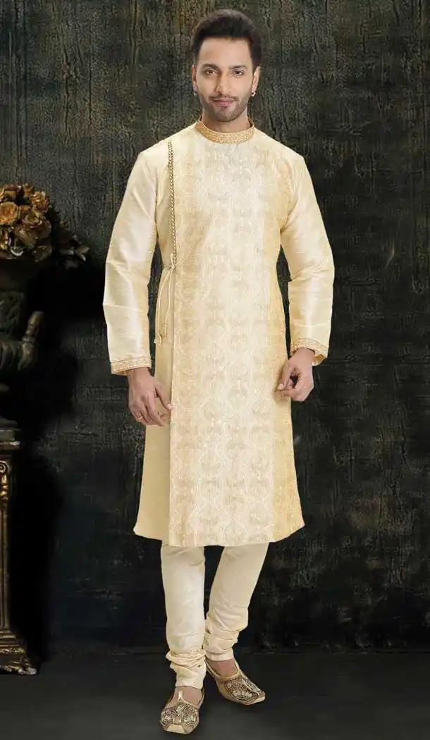 Gold Color Dupion Silk Readymade Designer Men Kurta Pajama -755993249