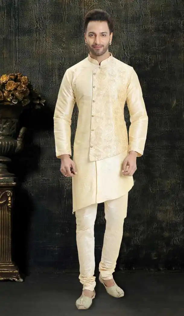 Elegant Cream Color Dupion Silk Readymade Designer Men Kurta Pajama -755993250