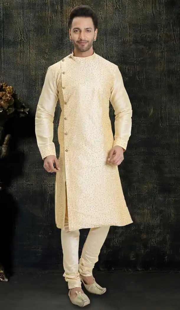 Enticing Gold Color Dupion Silk Readymade Designer Men Kurta Pajama -755993252