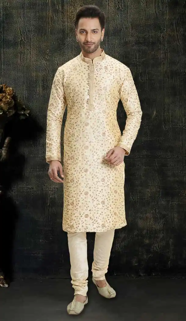 Alluring Gold Color Dupion Silk Readymade Designer Men Kurta Pajama -755993253