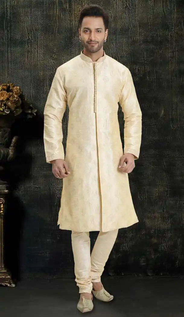 Flamboyant Gold Color Dupion Silk Readymade Designer Men Kurta Pajama -755993254