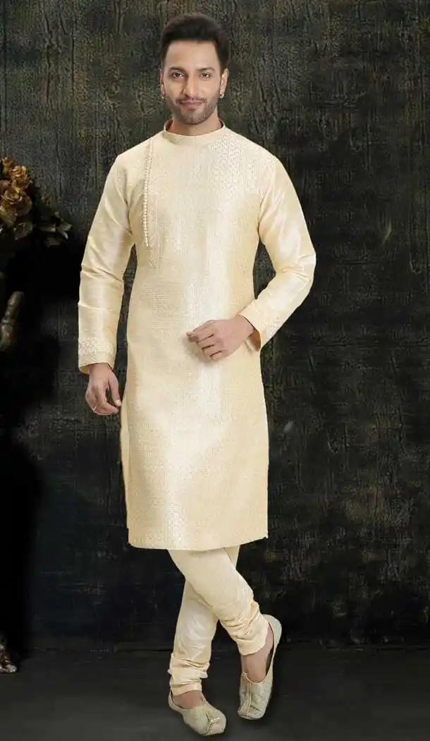Scintillating Cream Color Dupion Silk Readymade Designer Men Kurta Pajama -755993256