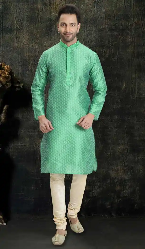 Elegance Green Color Silk Jacquard Readymade Designer Men Kurta Pajama -755993257