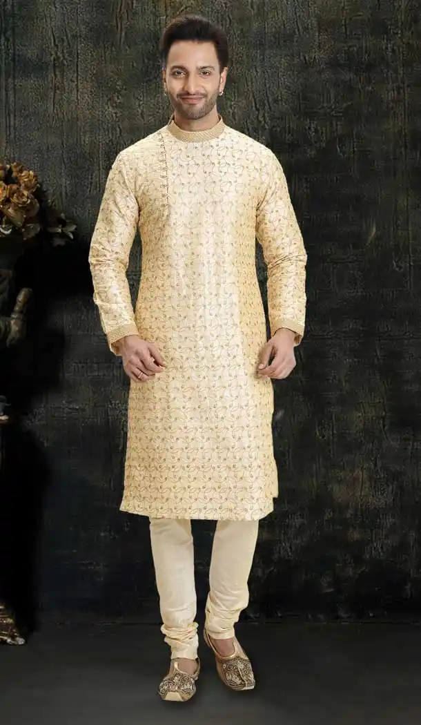 Authentic Gold Color Dupion Readymade Designer Men Kurta Pajama -755993259