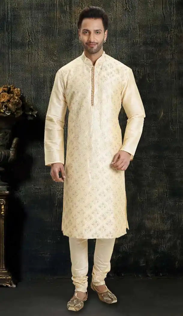 Cream Color Dupion Readymade Designer Men Kurta Pajama -755993260