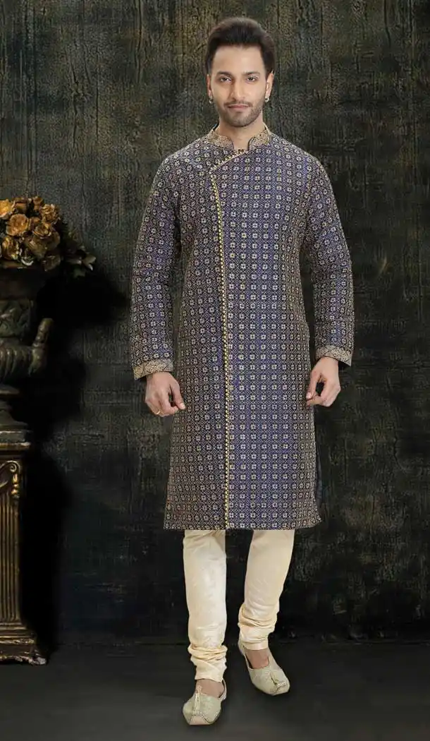 Fantastic Navy Blue Color Dupion Readymade Designer Men Kurta Pajama -755993261