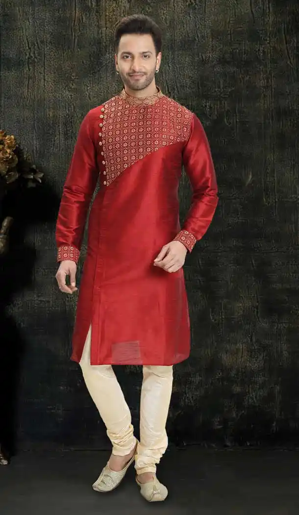 Remarkable Red Color Dupion Readymade Designer Men Kurta Pajama -755993252