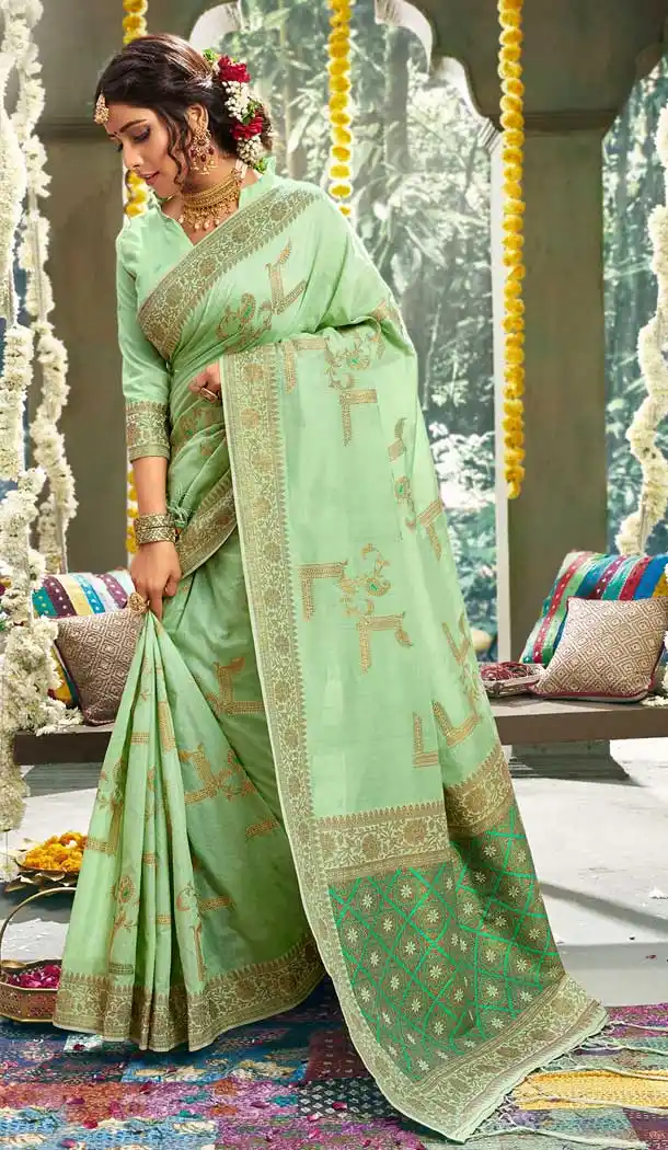 Chic Pista Green Color Cotton Party Wear Women Saree Blouse -762893896