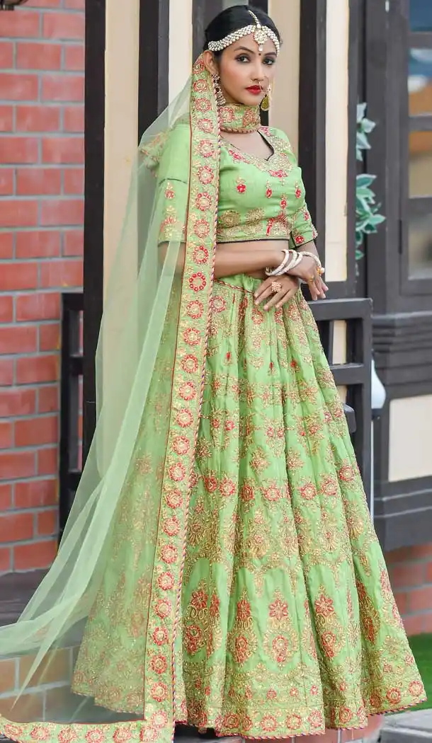 Pista Green Color Chennai Silk Desiginer Wedding Wear Lehenga Choli -764694109