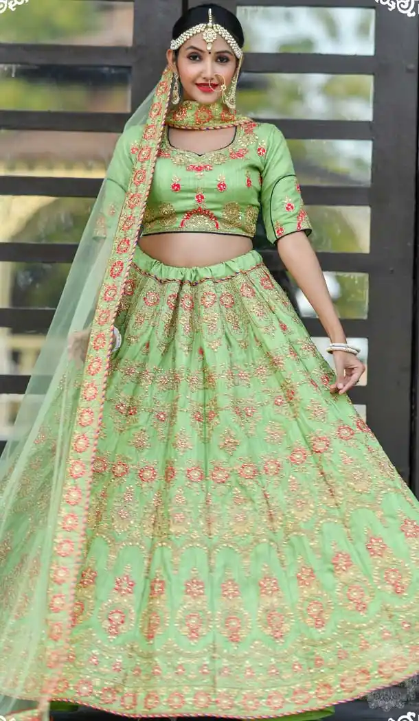 Pista Green Color Chennai Silk Desiginer Wedding Wear Lehenga Choli -764694109