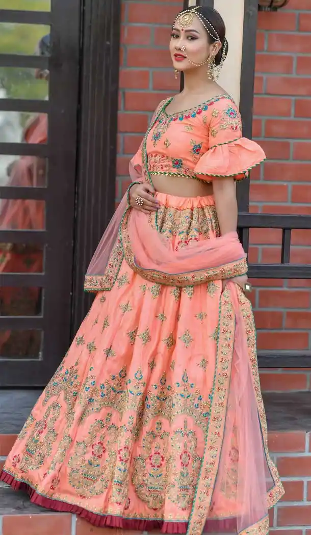 Orange Peach Color Chennai Silk Desiginer Wedding Wear Lehenga Choli -764694110