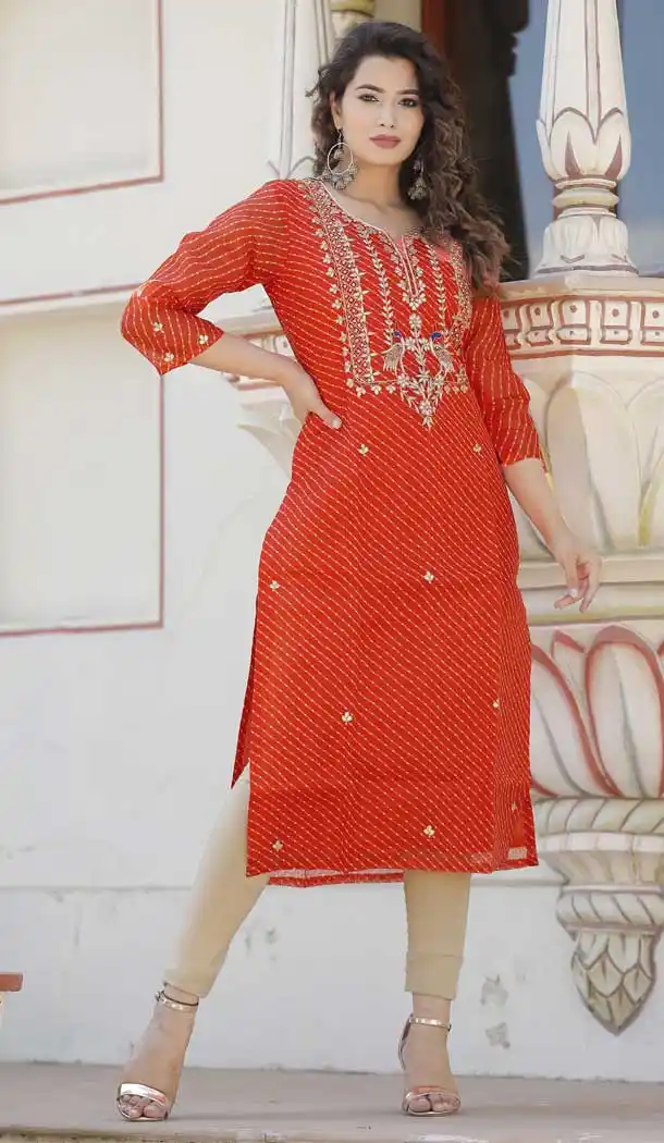 Attractive Orange Color Moonga Doria Party Wear Readymade Kurtis -765294164