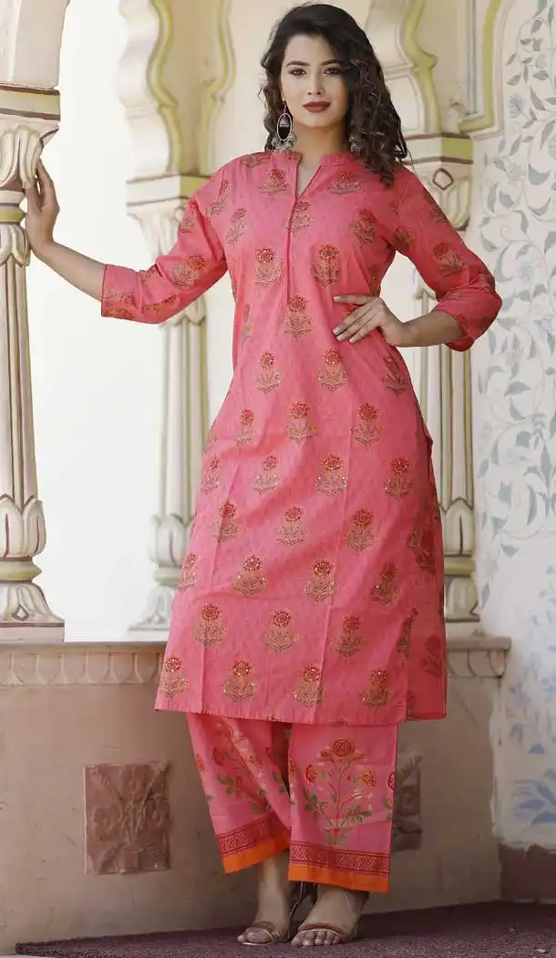 Chic Pink Color Cotton Party Wear Readymade Kurtis -765294168