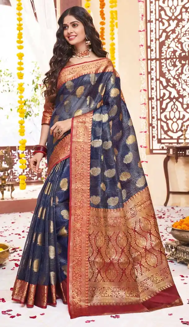 Exquisite Navy Blue Color Jacquard Traditional Wear Saree Blouse -765994271
