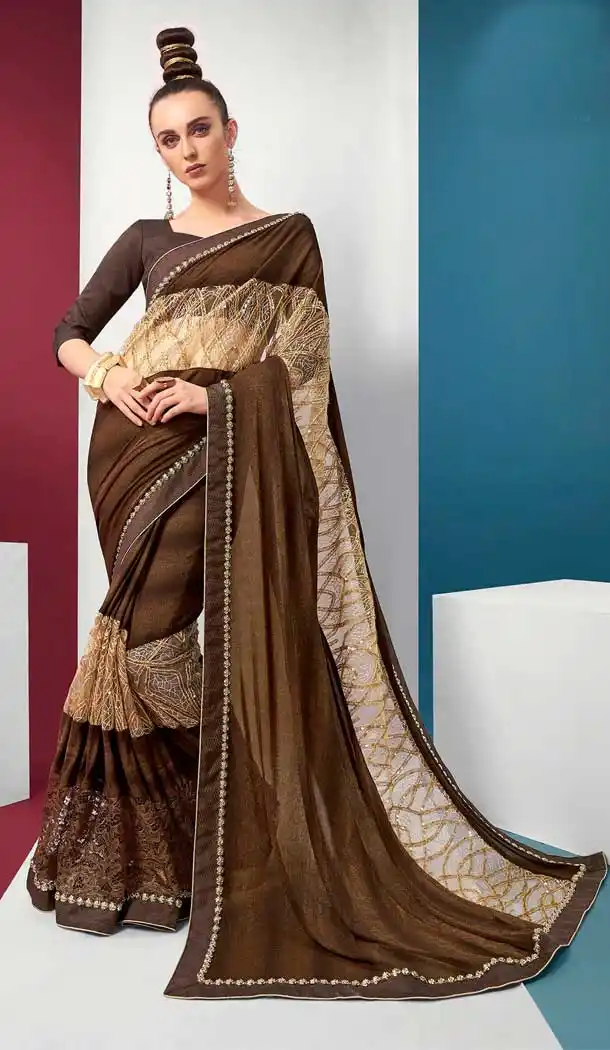 Coffee Color Lycra Designer Fancy Party Wear Saree Blouse -768694601