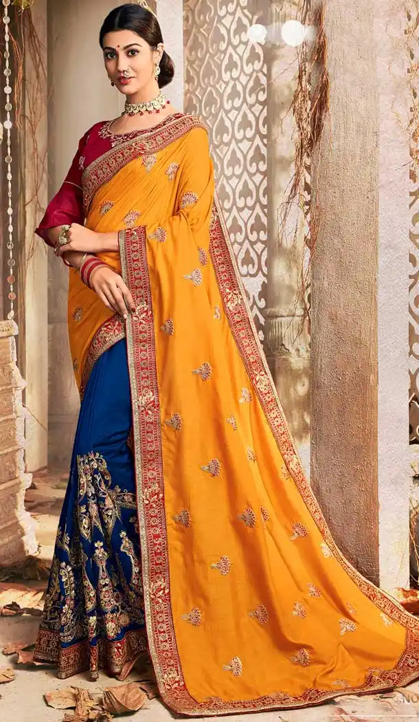Yellow And Blue Color Chanderi Silk Designer Party Wear Saree -769494650